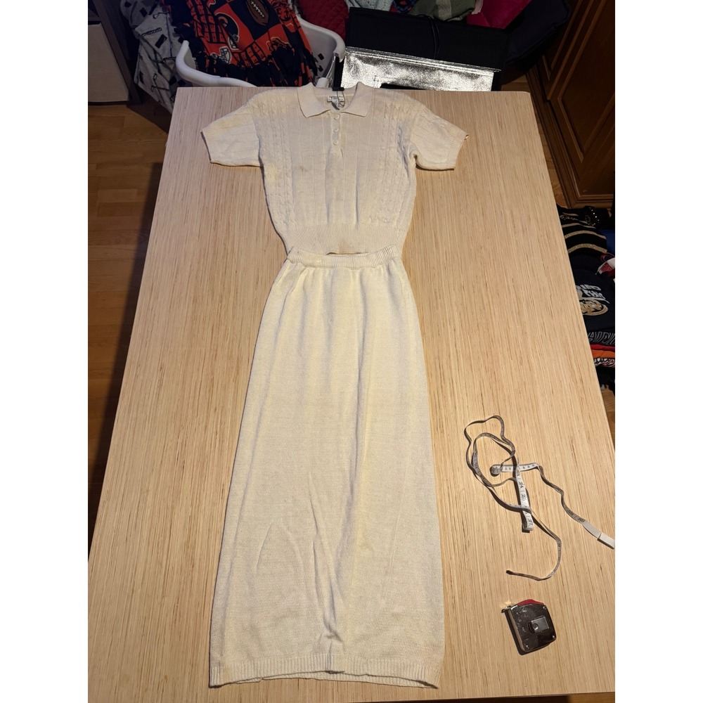 Vintage Christian Dior Separates Knit 2 Piece Set Polo Top Maxi Skirt Cream S
47